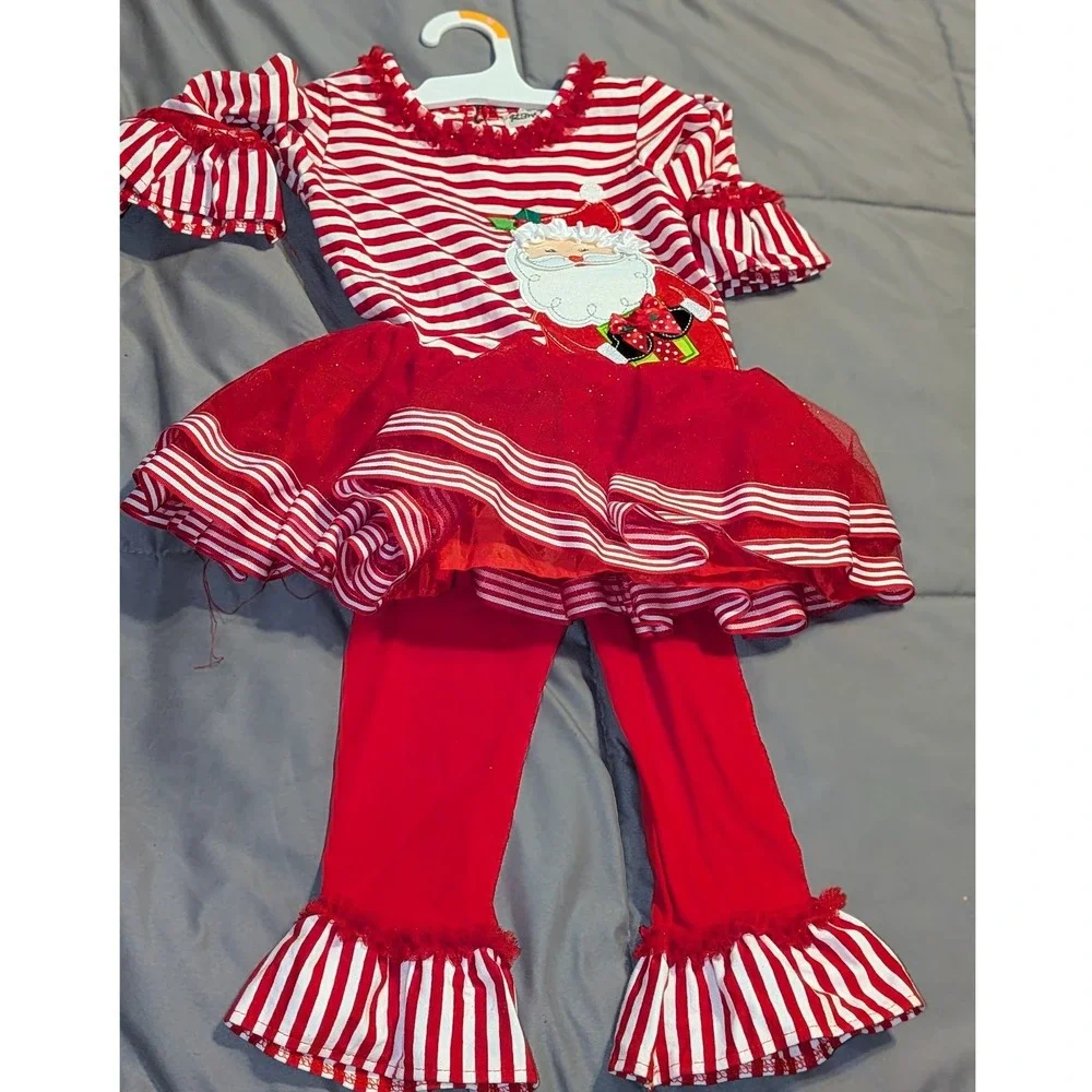 Rare Too! Girls 24M Christmas‎ Santa Striped Tutu Tunic and Ruffle Leggings Set
